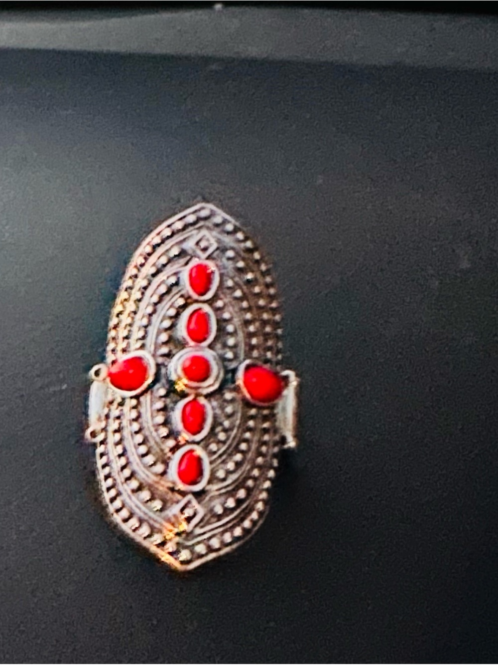 paparazzi Silver Filigree Oval Ring with Red Stones